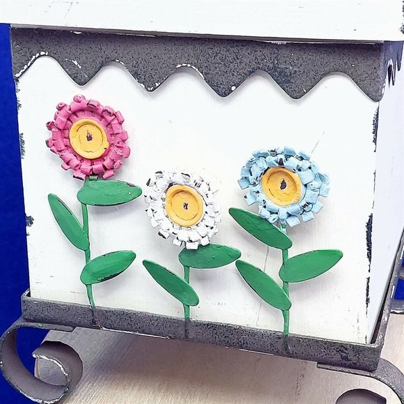 Storage Box Wood Metal Footed Stand Painted Metal Flower Design Whimsical Decor - Picture 2 of 11